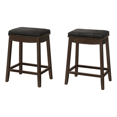 MONARCH SPECIALTIES Bar Stool, Set Of 2, Counter Height, Saddle Seat, Kitchen, Wood, Pu Leather Look, Black, Brown I 1261